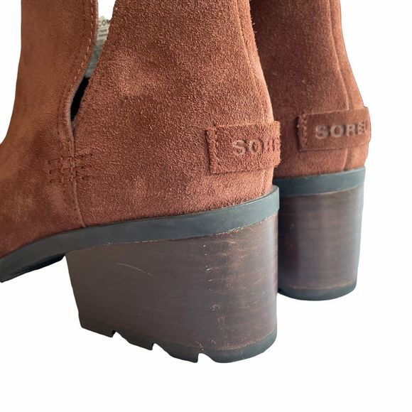 Sorel Cate Suede Cut Out Heeled Booties Burro Brown - Picture 7 of 17